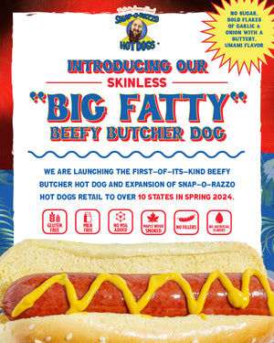 Snap-O-Razzo introduces the new Skinless Beefy Butcher Dog, available in May 2024 at Kroger stores across 10 states.